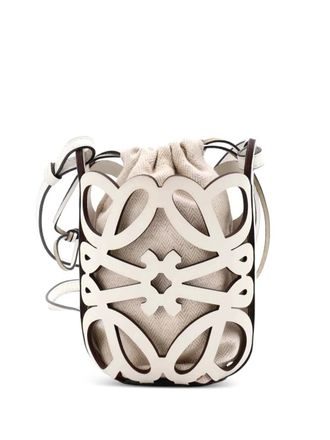 Loewe Anagram Drawstring Crossbody Bag Leather with Canvas Mini bucket bag - Bianco