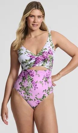Lands End Wrap Monokini High Leg One Piece Swimsuit in Pink/white Blooms Mix at Nordstrom, Size 12