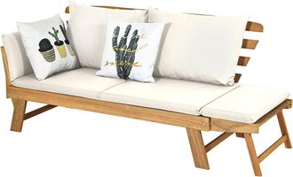 Costway Sof&aacute; Cama Convertible Para Patio, Sof&aacute; Cama De Madera De Acacia Con Apoyabrazos Ajustable, Sof&aacute; Abatible Con Cojines Y Almohadas, Asiento De 2 Plazas 