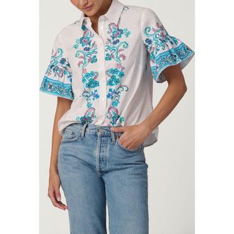 Shoshanna Warwick Tile Print Ellis Top in Sky Blue Multi at Nordstrom, Size X-Small