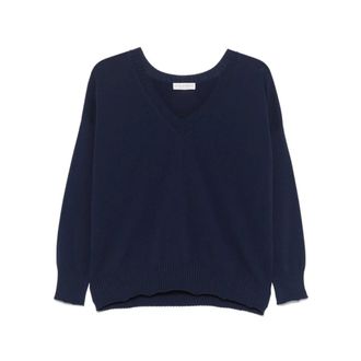 Le Tricot Perugia Navy Blue Katoenen Trui met Geribbelde V-hals - Dames - V-hals truien - Blauw - S - Katoen - Truien & Vesten