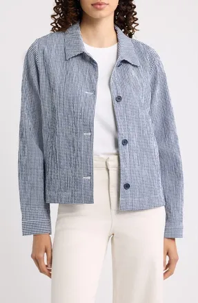 Eileen Fisher Check Stretch Cotton Jacket in Light Dive at Nordstrom, Size Xx-Small