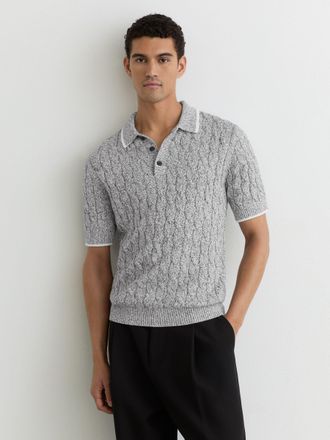 Reiss Black & white Cotton Cable-knit Polo Shirt, Xxl