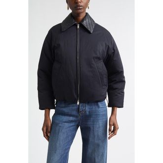 Bottega Veneta Intrecciato Leather Collar Tech Nylon Puffer Jacket in 1000 Black at Nordstrom, Size 0 Us