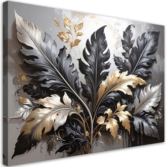 Feeby Cuadro Sobre Lienzo Hojas Negras Y Doradas De Acanto Laurel Plantas Naturaleza 100x70