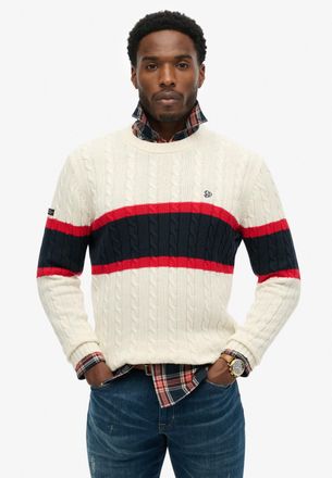 Superdry Strickpullover SUPERDRY Cotton Stripe Cable Jumper, Herren, Gr. XXL, ecru, eclipse navy, Strick, Obermaterial: 100% Baumwolle, gemustert, regular fit 