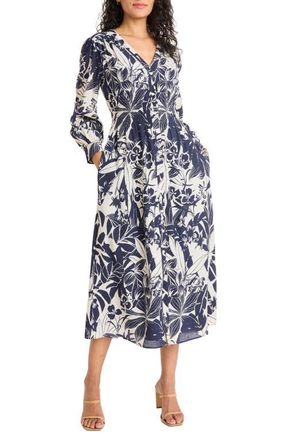 Maggy London Long Sleeve Button-Up Midi Dress in Navy/Ivory at Nordstrom, Size X-Small