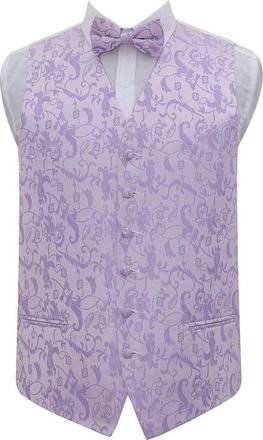 DQT Woven Floral Passion Wedding Tuxedo Waistcoat & Bow Tie Set for Men - Lilac 50-5XL