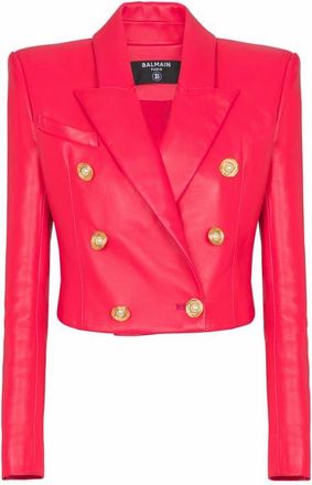 Balmain Cropped Lambskin 6-Button Jacket in Pink at Nordstrom, Size 34