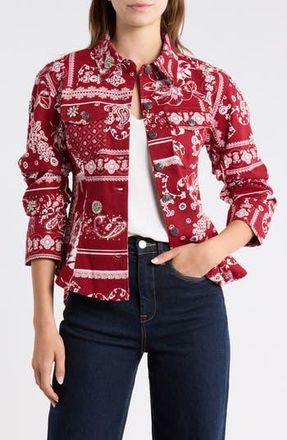 Cinq &agrave; Sept Bandana Print Twill Scrunch Sleeve Shirt Jacket in Bordeaux at Nordstrom Rack, Size 4