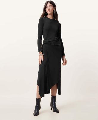 AllSaints Womens Viscose Rivi Draped Long Sleeve Midi Dress, Size: 6