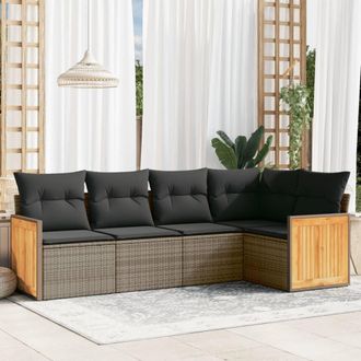 vidaXL Juego De Sof&aacute;s Jard&iacute;n Con Cojines 5 Pzas Rat&aacute;n Sint&eacute;tico Gris Vidaxl