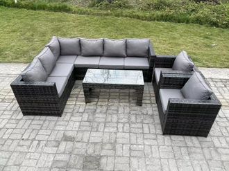 Fimous 8 Seater Rattan Corner Sofa Lounge Sofa Set With Rectangular Coffee Table 2 Arm Chair Left Hand in Dark Grey