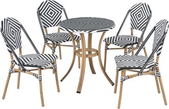 Beliani Conjunto De Comedor De Jard&iacute;n 4 Plazas Tablero De Rat&aacute;n Pe Blanco Y Negro Mesa &Oslash; 70 Y 4 Sillas Apilables De Aluminio Rifreddo