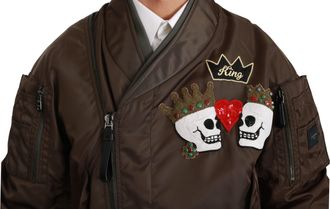 Dolce & Gabbana Mens Brown Beaded Crown Skull Logo Jacket Nylon Clothing