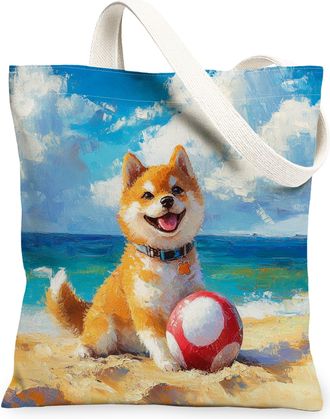 Generic Summer German Shepherd Dog Canvas Tote Bag for Shopping 13x15, Beach Coastal Beachy Puppy Reusable Grocery Print Bag for Women, Fun Pet Beach Aestheti