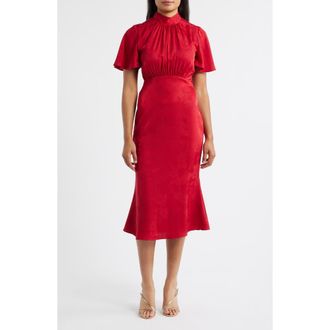 Julia Jordan Floral Jacquard Satin Flutter Sleeve Midi Dress in Red at Nordstrom Rack, Size 10