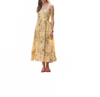 Moon River Sleeveless Square Neck Floral Print Midi Dress In Yellow Multi