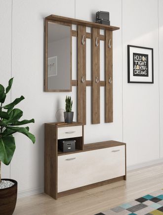 Dmora Muebles De Entrada Dbiagin, Recibidor Moderno Con Espejo, Mueble Con Zapatero, Mueble Multifunci&oacute;n, 100x25h180 Cm, Blanco Y Roble - Dmora