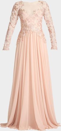 Tadashi Shoji Floral-Embroidered Tulle & Georgette Gown