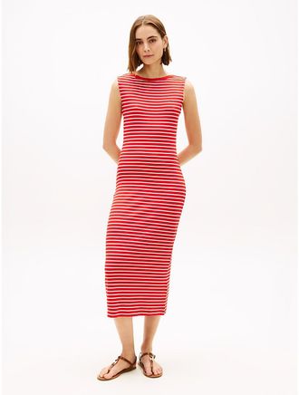 Tommy Hilfiger Womens Slim Fit Stripe Boatneck Midi Dress - Red - XXS