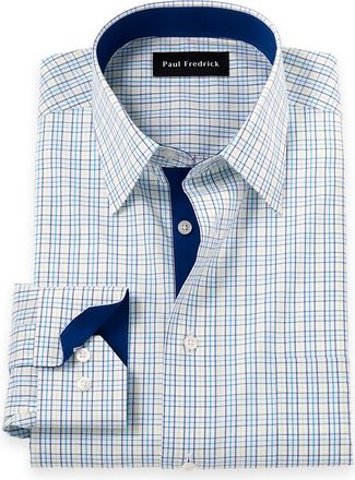 Paul Fredrick Slim Fit Comfort Stretch Non-iron Check Dress Shirt With Contrast Trim