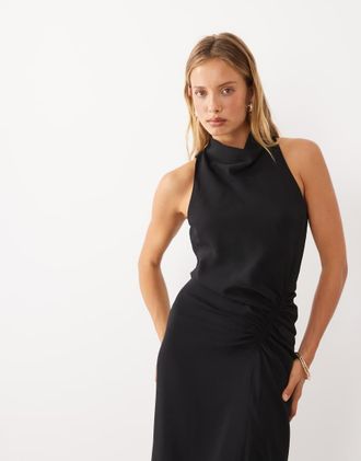 Mango vestito midi senza maniche con collo alto e arricciature nero