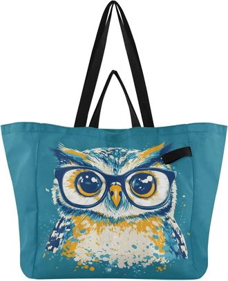 Generic Owl Glasses Teal pattern Reusable Canvas Tote Bag, Heavy Duty Grocery Shopping Bag with Double Handles Large Capacity Hard Bottom Work Groceries Trave