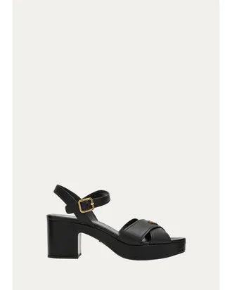 Prada 65mm Triangle Logo Crisscross Leather Platform Sandals