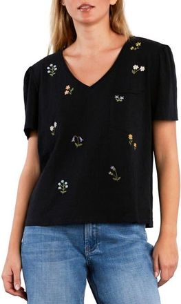 BILLY T Wild Meadow Embroidered Puff Sleeve Cotton T-Shirt in Black Beauty at Nordstrom, Size X-Large