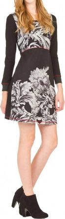 Papillon Floral Border Long Sleeve Dress In Black