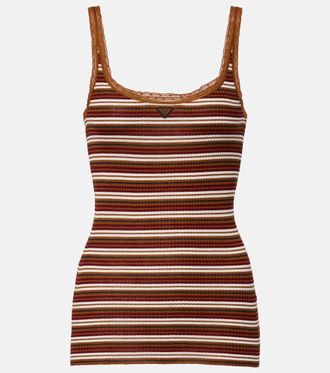 Prada Lace-trimmed striped cotton tank top