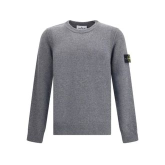 Stone Island Round-neck Knitwear, male, Gray, Size: S Logoed Wool Sweater with Ribbed Trim