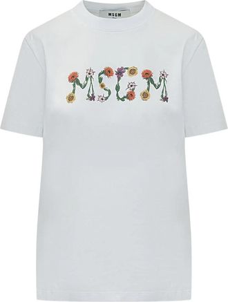Msgm Floral Logo T-Shirt - Dames - T-shirts - Wit - L - Katoen - Tops