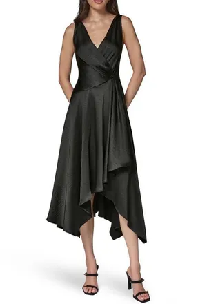 DKNY Hammered Satin Handkerchief Hem Dress in Black at Nordstrom, Size 16