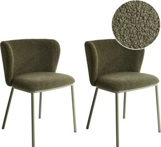 Beliani Set of 2 Modern Dining Chairs Fabric Boucle Upholstered Seat Armless Curved Back Green Legs Dark Green Mina II