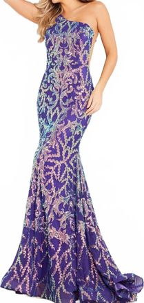 Jovani Embellished One Shoulder Dress In Iridescent Purple