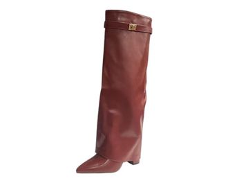 Generic Women Faux Leather Knee High Fashion Fold Over Block Heel Comfy Boots (Maroon, One Size, UK Footwear Size System, Adult, Women, Numeric, Medium, 6.5)