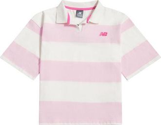 New Balance Girls Striped Rugby Polo in White Cotton, size 10-11 Y