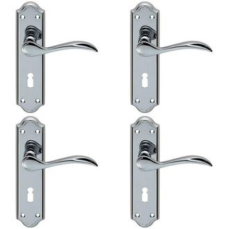 Loops 4x PAIR Curved Door Handle Lever on Lock Backplate 180 x 45mm Polished Chrome