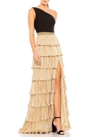 Mac Duggal One Shoulder Layered Metallic Ruffle Gown in Black Gold at Nordstrom, Size 14