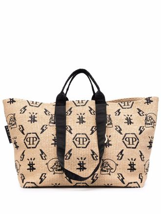 Philipp Plein monogram-motif wicker tote bag - women - Straw - OS - Neutrals