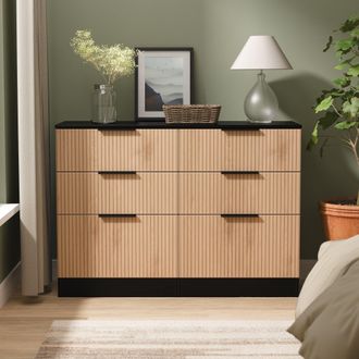 Welcome Furniture Alaska Ready Assembled 6 Drawer Wide Chest in Slat Effect & Black - Welcome Furniture | TJ Hughes