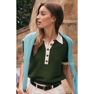 Boden Grace Colorblock Cotton & Cashmere Polo in Courtyard Green at Nordstrom, Size X-Large