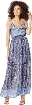 Miss Me Maxi Dress Large Bright Blue Floral Ruffle Slit Tie Waist JZZ299