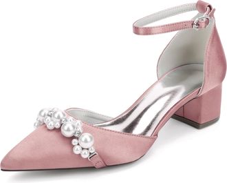 Generic Bridal Shoes Womens Block Heel Pearl Satin Closed Pointed Toe Low Heel Pump Party Wedding Dress Shoes 4.5Cm,Flesh Pink,10 UK