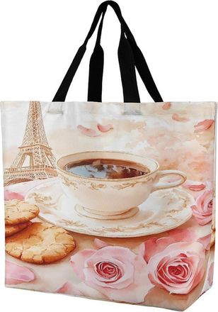 Generic Paris E-iffel Tower Coffee Large Reusable Shopping Bag Lightweight Foldable Tote Bags Washable Shoulder Handbag
