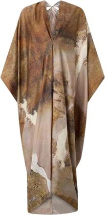 Roberto Cavalli Kleedjes, Dames, Bruin, ONE Size, Caftan Met Affresco Print Op Zijde Twill