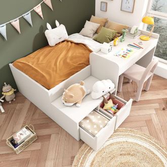 C&A White 90x190 cm Single Bed with Desk and Drawers,Wooden Frame,Storage for Kids,Teens&Adults