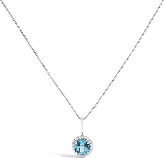 House of Brilliance 10K White Gold Blue Topaz and 1/10 Cttw Diamond Accent Halo Pendant Necklace